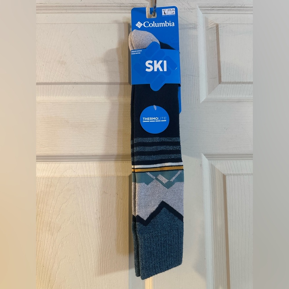 COLUMBIA OVER THE CALF SKI SOCKS: BLUE/GRAY: NEW WITH TAGS: SIZE L